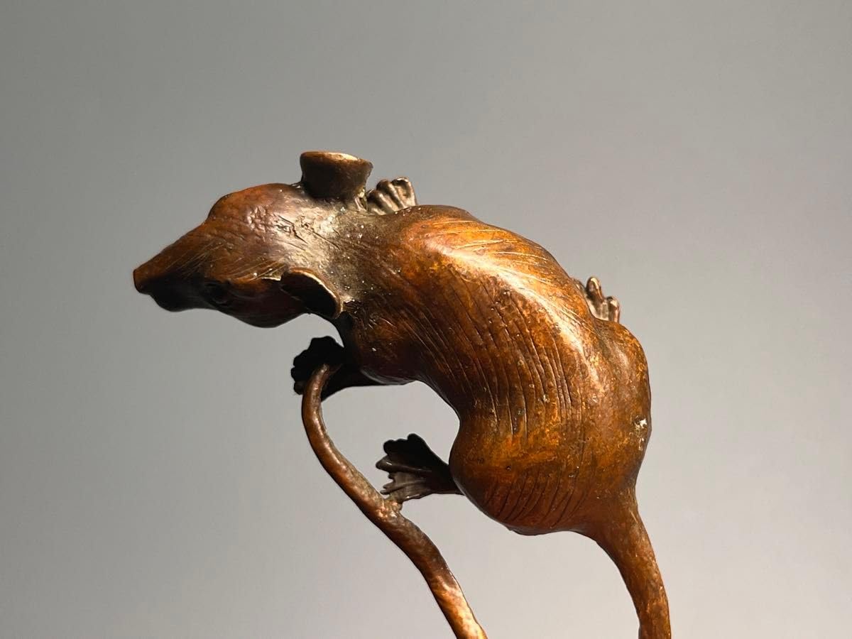 ①金属美術工芸品 子置物 鼠 ネズミ 打出の小槌 銅 工藤健作 玉川工芸